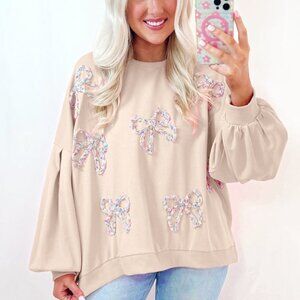 Parchment Embroidered Bow Lantern Sleeve Oversized Pullover Sweatshirt